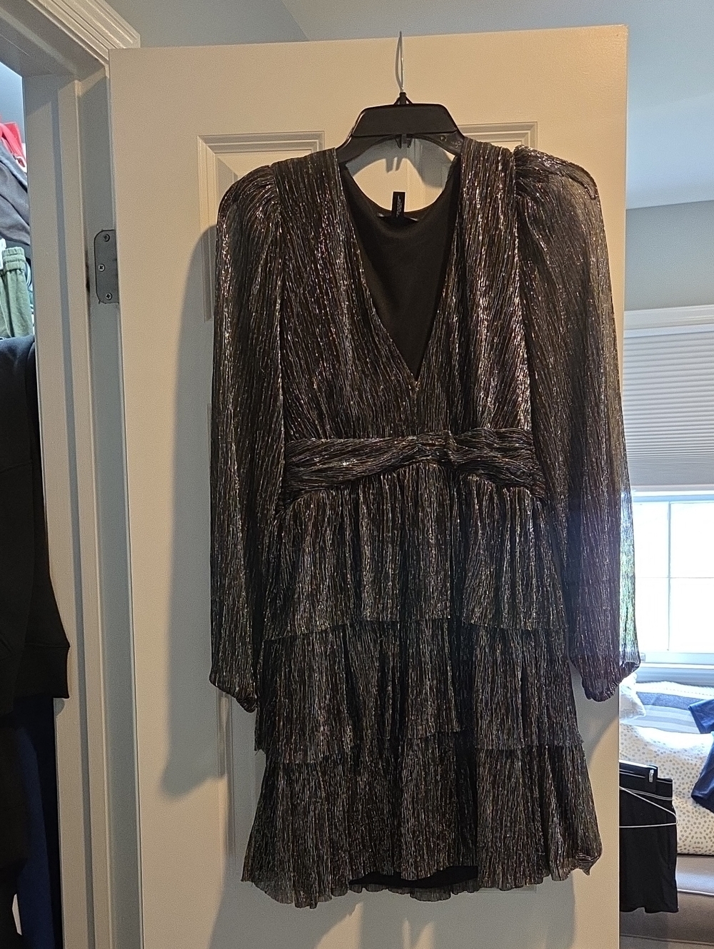Aqua Metallic Black Tiered V-Neck Long Sleeve Dress